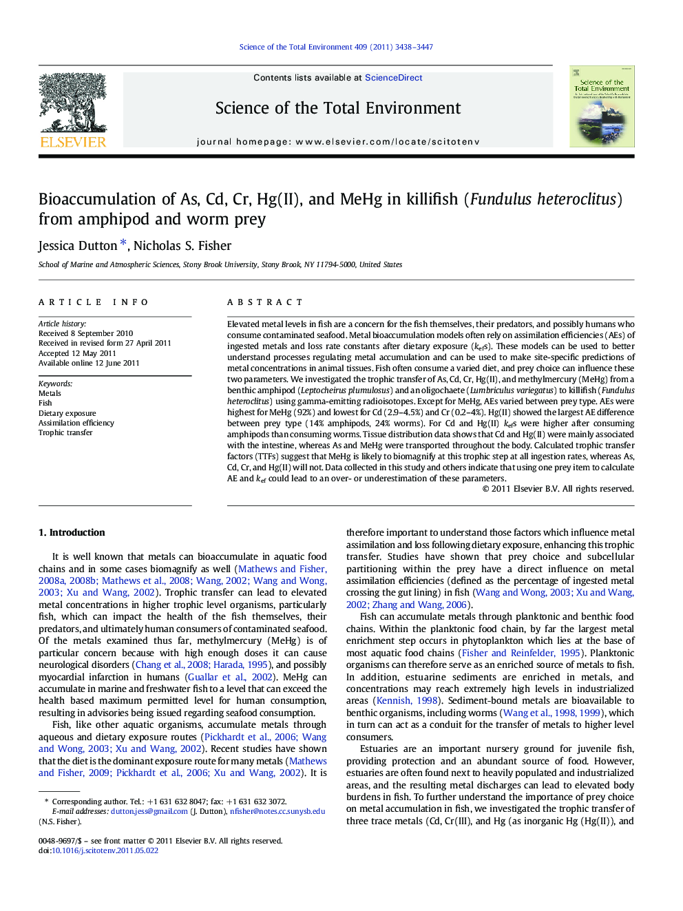 Bioaccumulation of As, Cd, Cr, Hg(II), and MeHg in killifish (Fundulus heteroclitus) from amphipod and worm prey