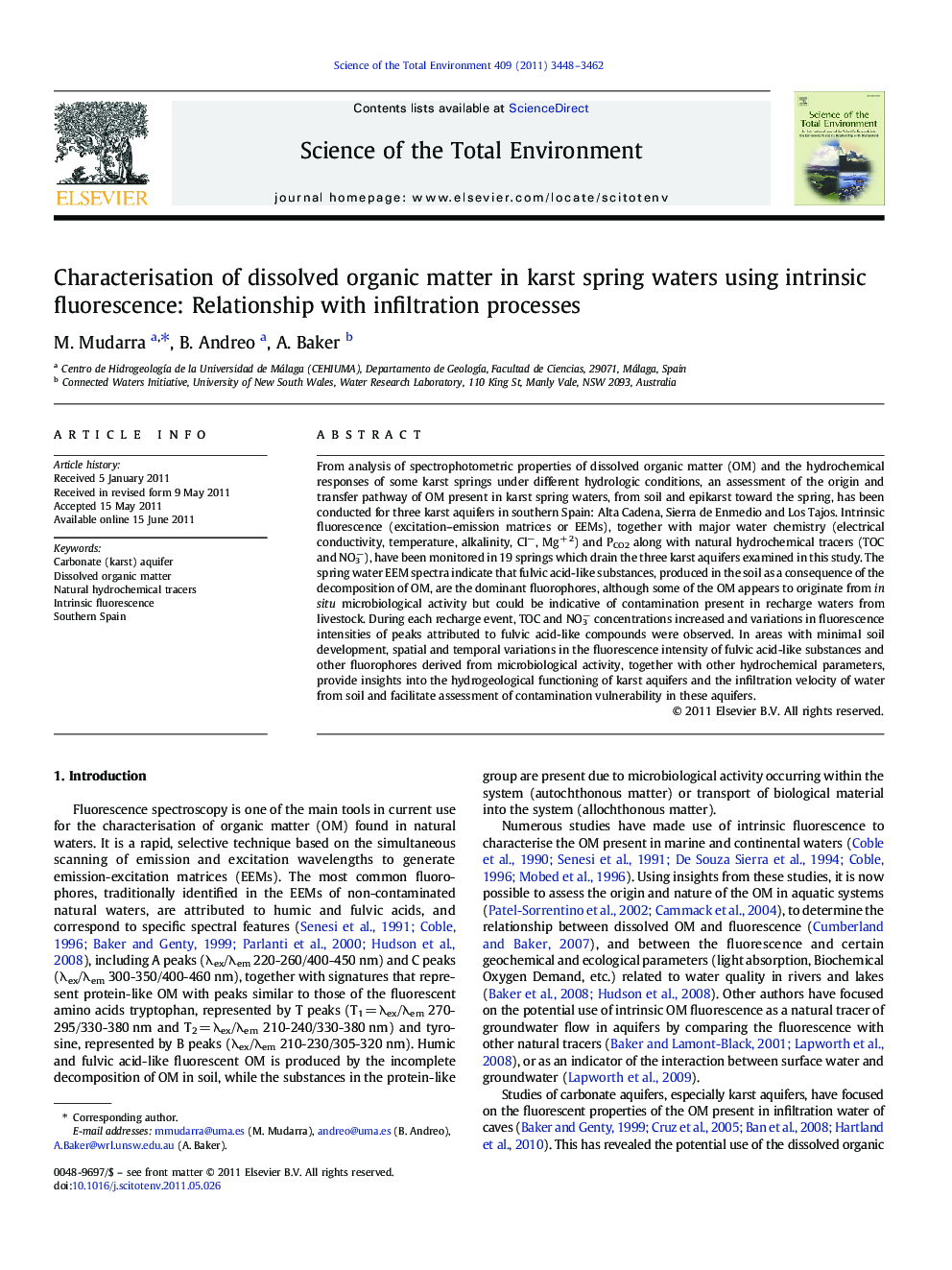 Characterisation of dissolved organic matter in karst spring waters using intrinsic fluorescence: Relationship with infiltration processes