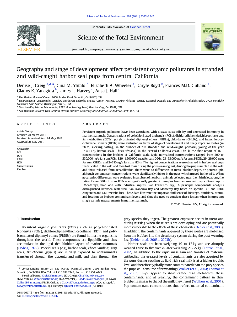 Geography and stage of development affect persistent organic pollutants in stranded and wild-caught harbor seal pups from central California