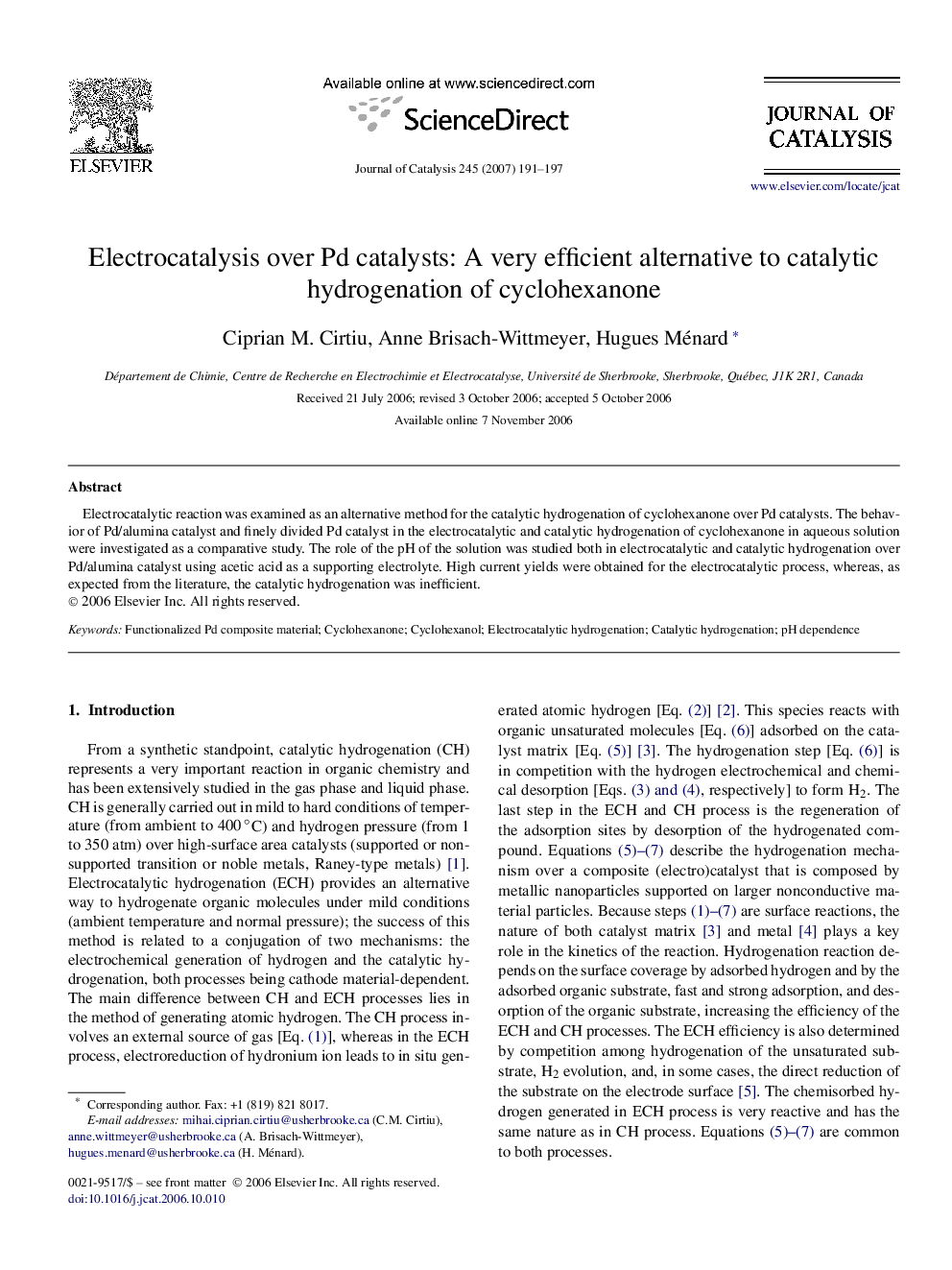 Electrocatalysis over Pd catalysts: A very efficient alternative to catalytic hydrogenation of cyclohexanone