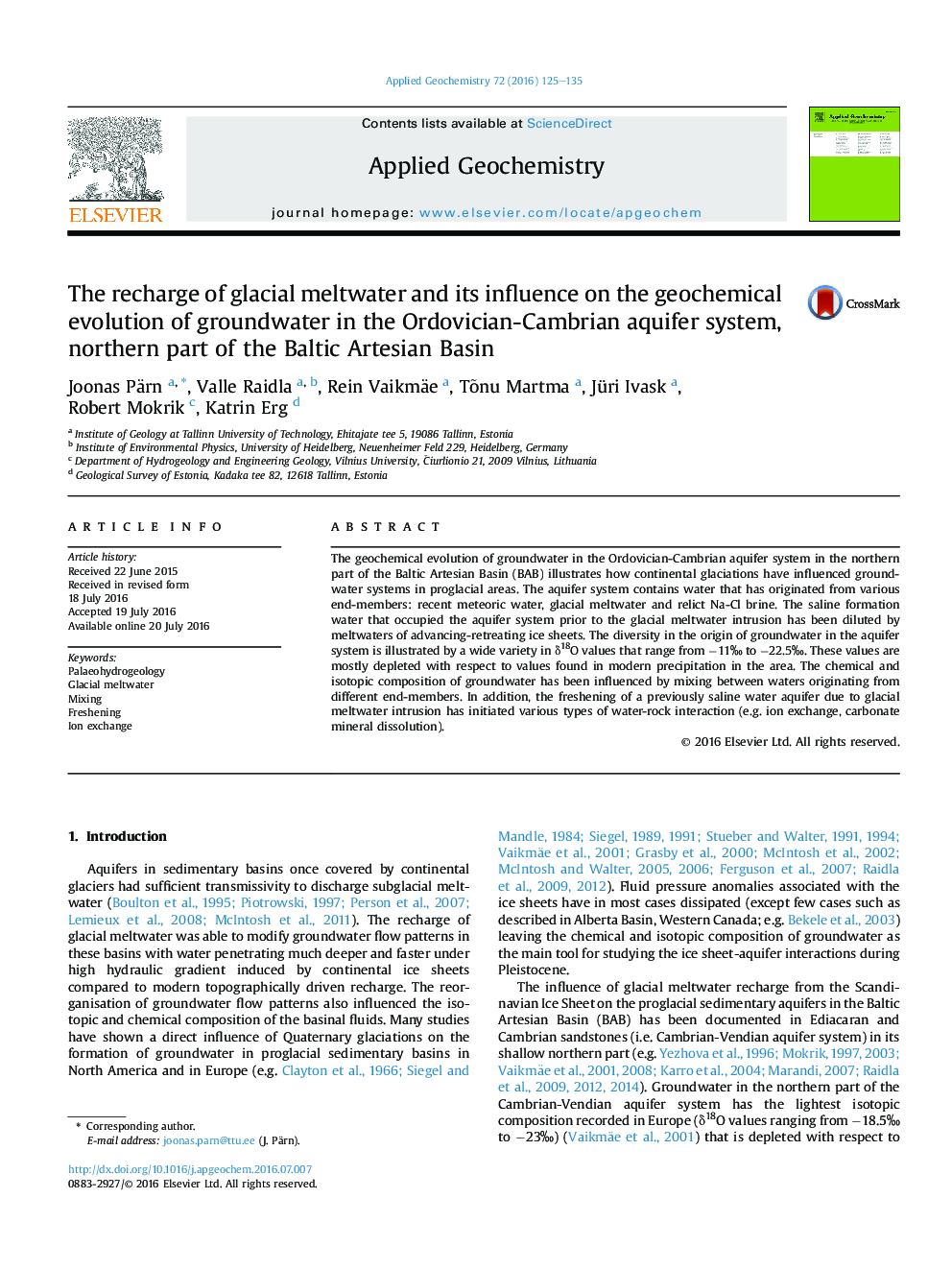 The recharge of glacial meltwater and its influence on the geochemical evolution of groundwater in the Ordovician-Cambrian aquifer system, northern part of the Baltic Artesian Basin