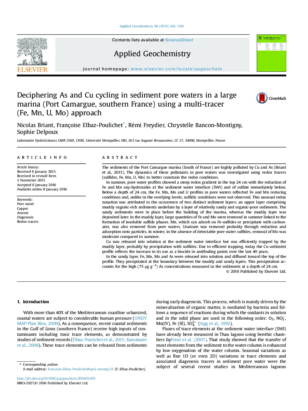 Deciphering As and Cu cycling in sediment pore waters in a large marina (Port Camargue, southern France) using a multi-tracer (Fe, Mn, U, Mo) approach