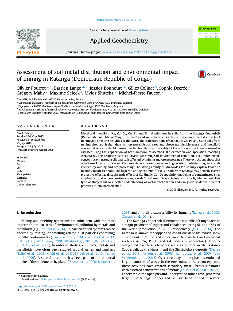 Assessment of soil metal distribution and environmental impact of mining in Katanga (Democratic Republic of Congo)