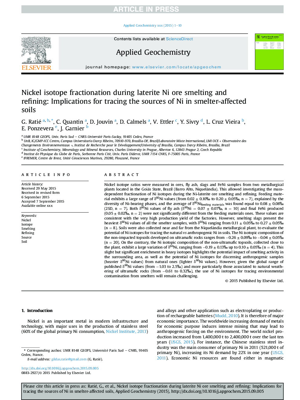 Nickel isotope fractionation during laterite Ni ore smelting and refining: Implications for tracing the sources of Ni in smelter-affected soils