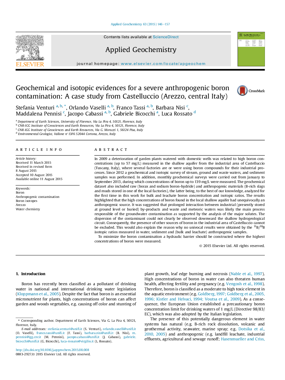 Geochemical and isotopic evidences for a severe anthropogenic boron contamination: A case study from Castelluccio (Arezzo, central Italy)