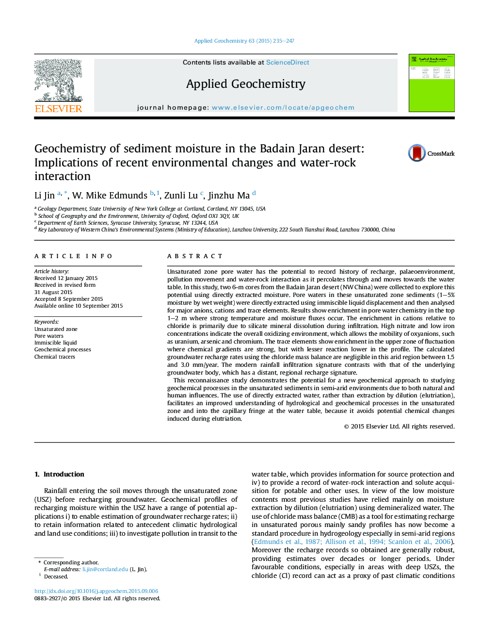 Geochemistry of sediment moisture in the Badain Jaran desert: Implications of recent environmental changes and water-rock interaction