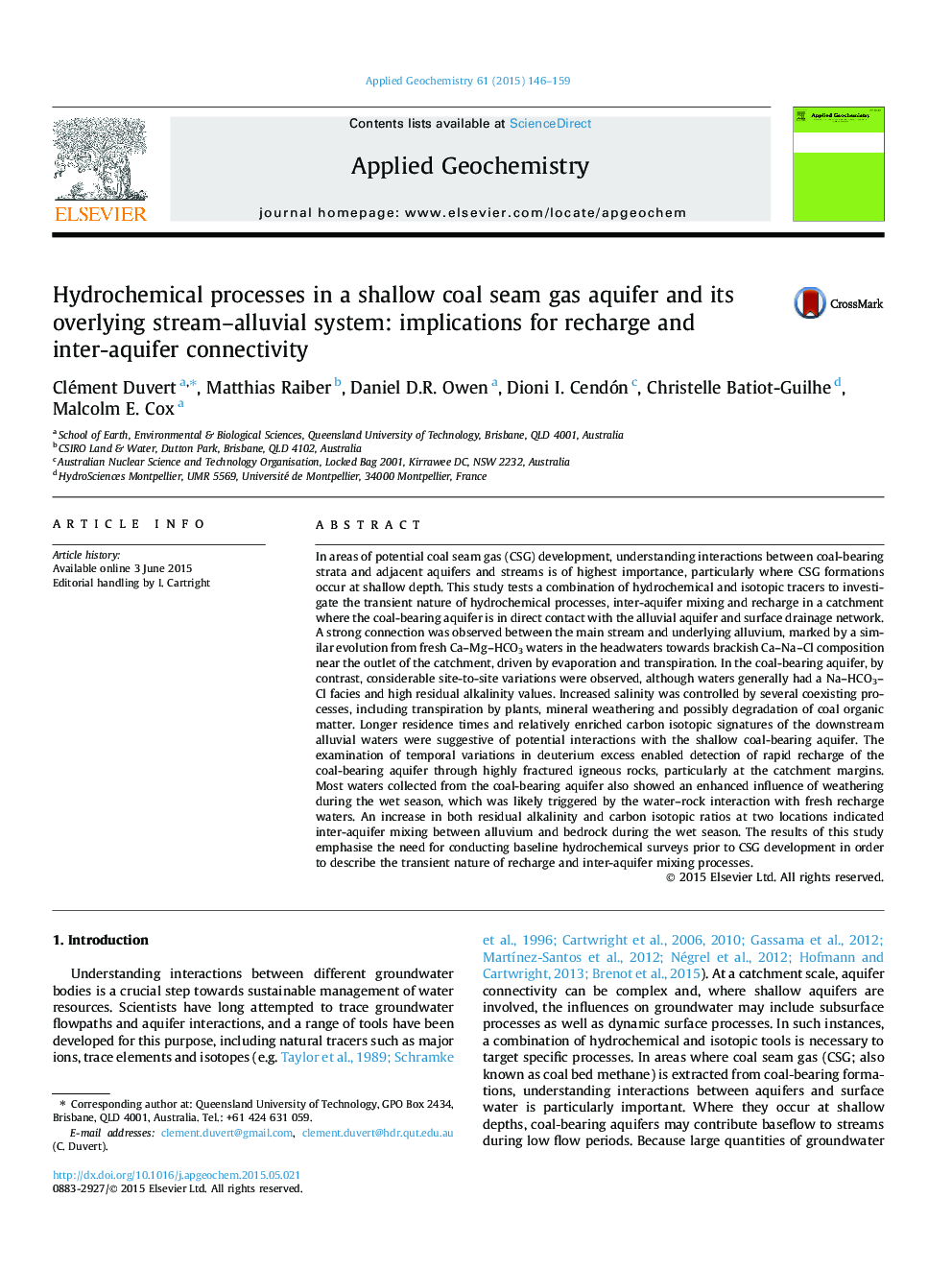 Hydrochemical processes in a shallow coal seam gas aquifer and its overlying stream-alluvial system: implications for recharge and inter-aquifer connectivity