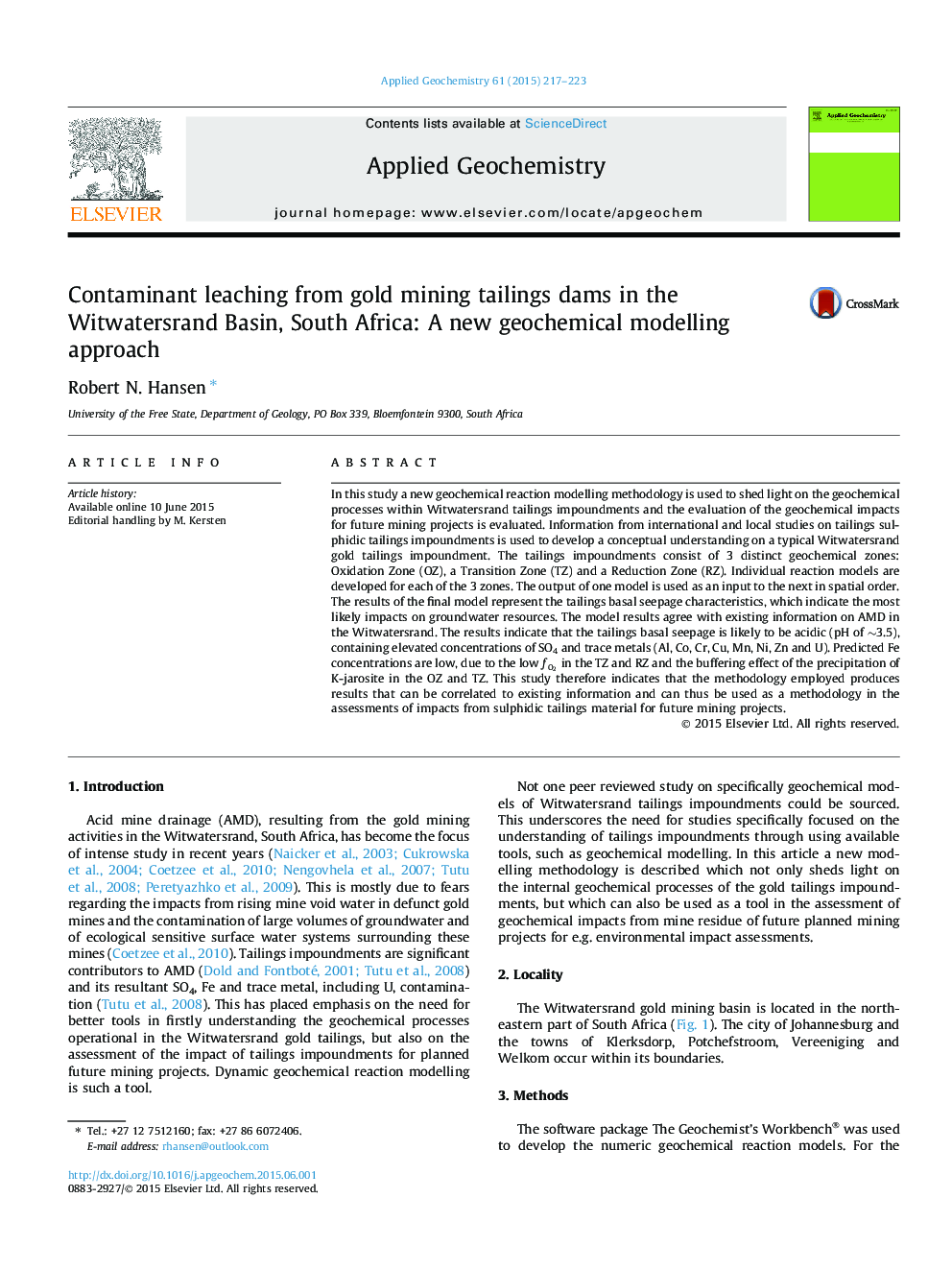 Contaminant leaching from gold mining tailings dams in the Witwatersrand Basin, South Africa: A new geochemical modelling approach