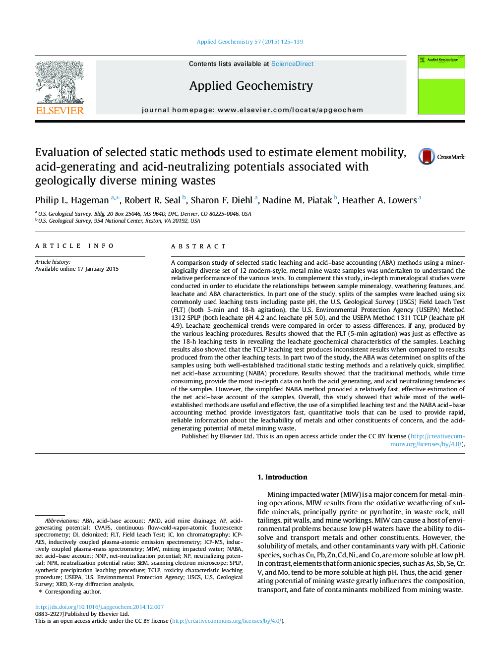 Evaluation of selected static methods used to estimate element mobility, acid-generating and acid-neutralizing potentials associated with geologically diverse mining wastes