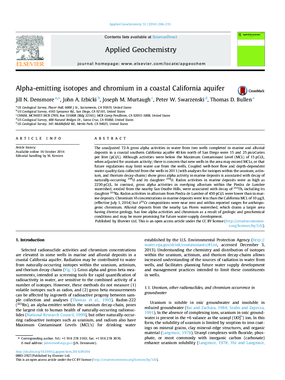 Alpha-emitting isotopes and chromium in a coastal California aquifer