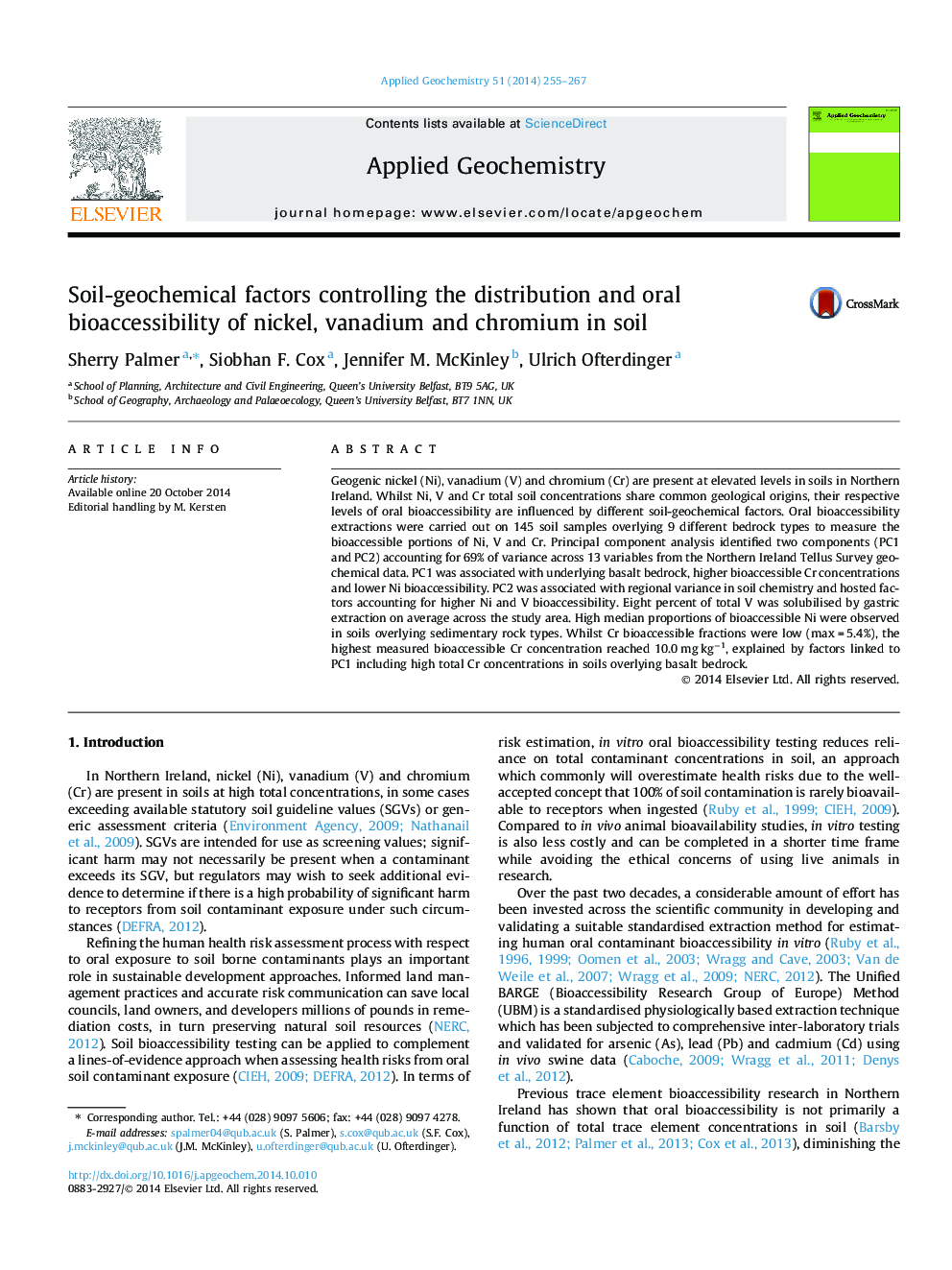 Soil-geochemical factors controlling the distribution and oral bioaccessibility of nickel, vanadium and chromium in soil