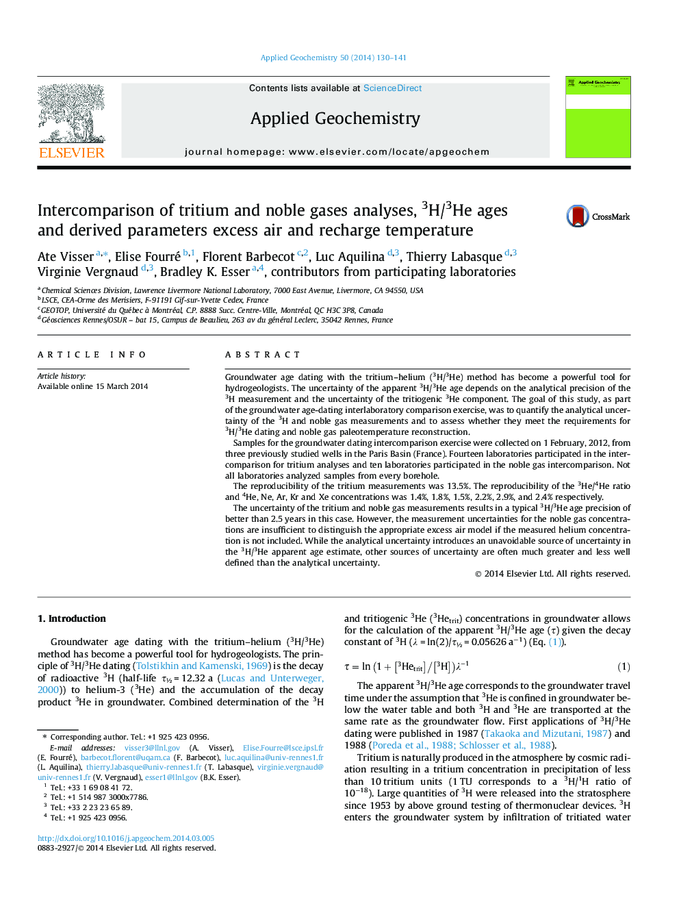 Intercomparison of tritium and noble gases analyses, 3H/3He ages and derived parameters excess air and recharge temperature