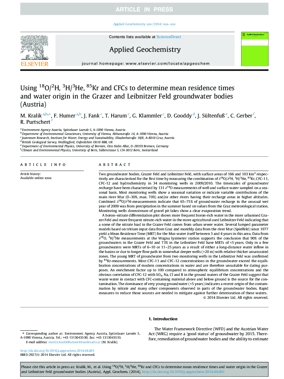 Using 18O/2H, 3H/3He, 85Kr and CFCs to determine mean residence times and water origin in the Grazer and Leibnitzer Feld groundwater bodies (Austria)