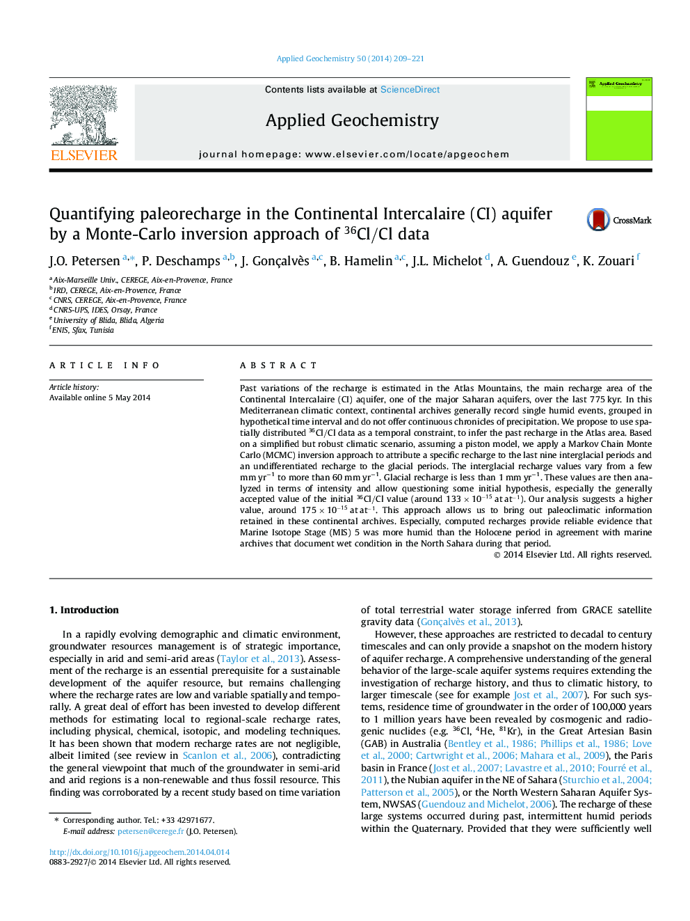Quantifying paleorecharge in the Continental Intercalaire (CI) aquifer by a Monte-Carlo inversion approach of 36Cl/Cl data