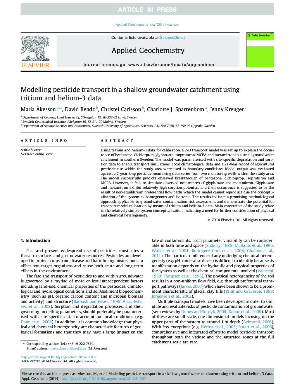 Modelling pesticide transport in a shallow groundwater catchment using tritium and helium-3 data