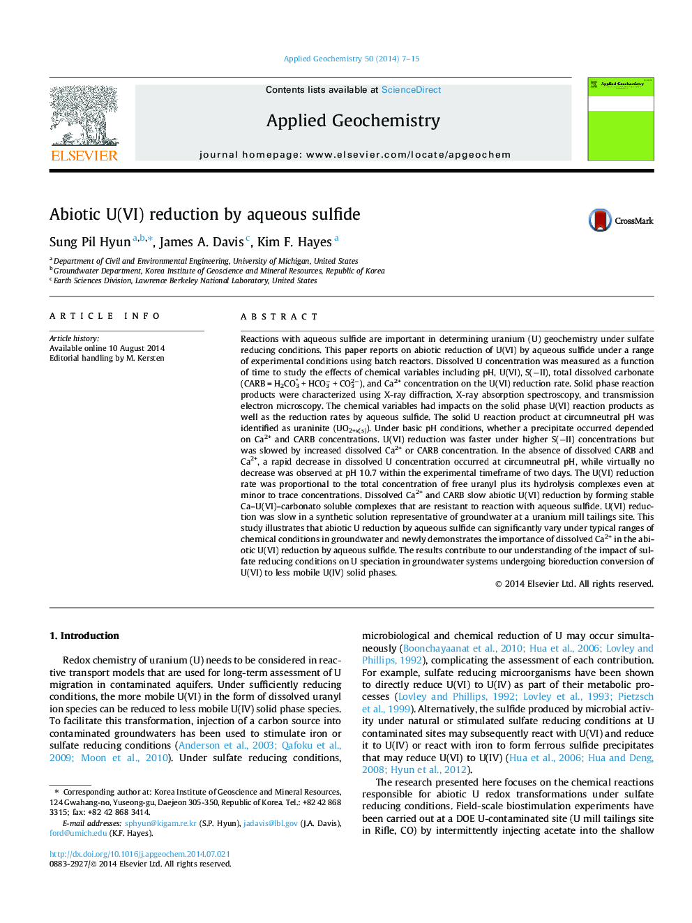 Abiotic U(VI) reduction by aqueous sulfide