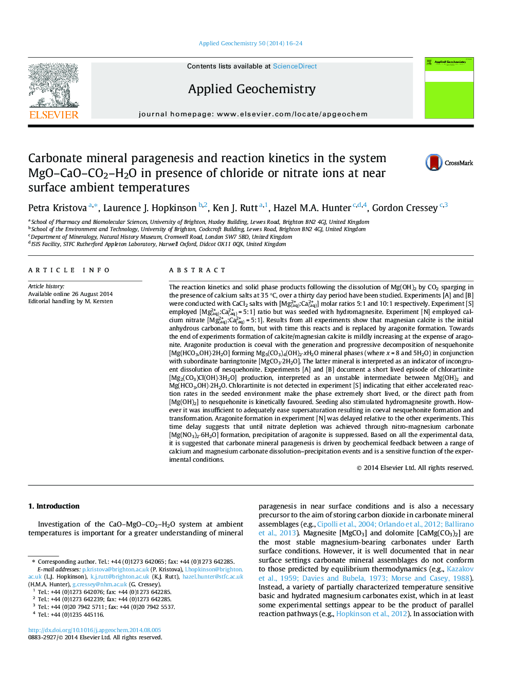 Carbonate mineral paragenesis and reaction kinetics in the system MgO-CaO-CO2-H2O in presence of chloride or nitrate ions at near surface ambient temperatures