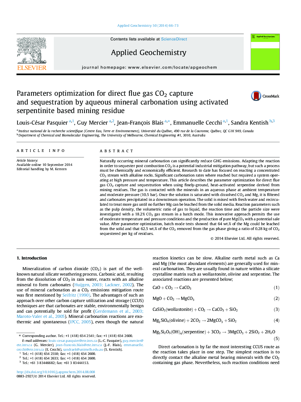 Parameters optimization for direct flue gas CO2 capture and sequestration by aqueous mineral carbonation using activated serpentinite based mining residue