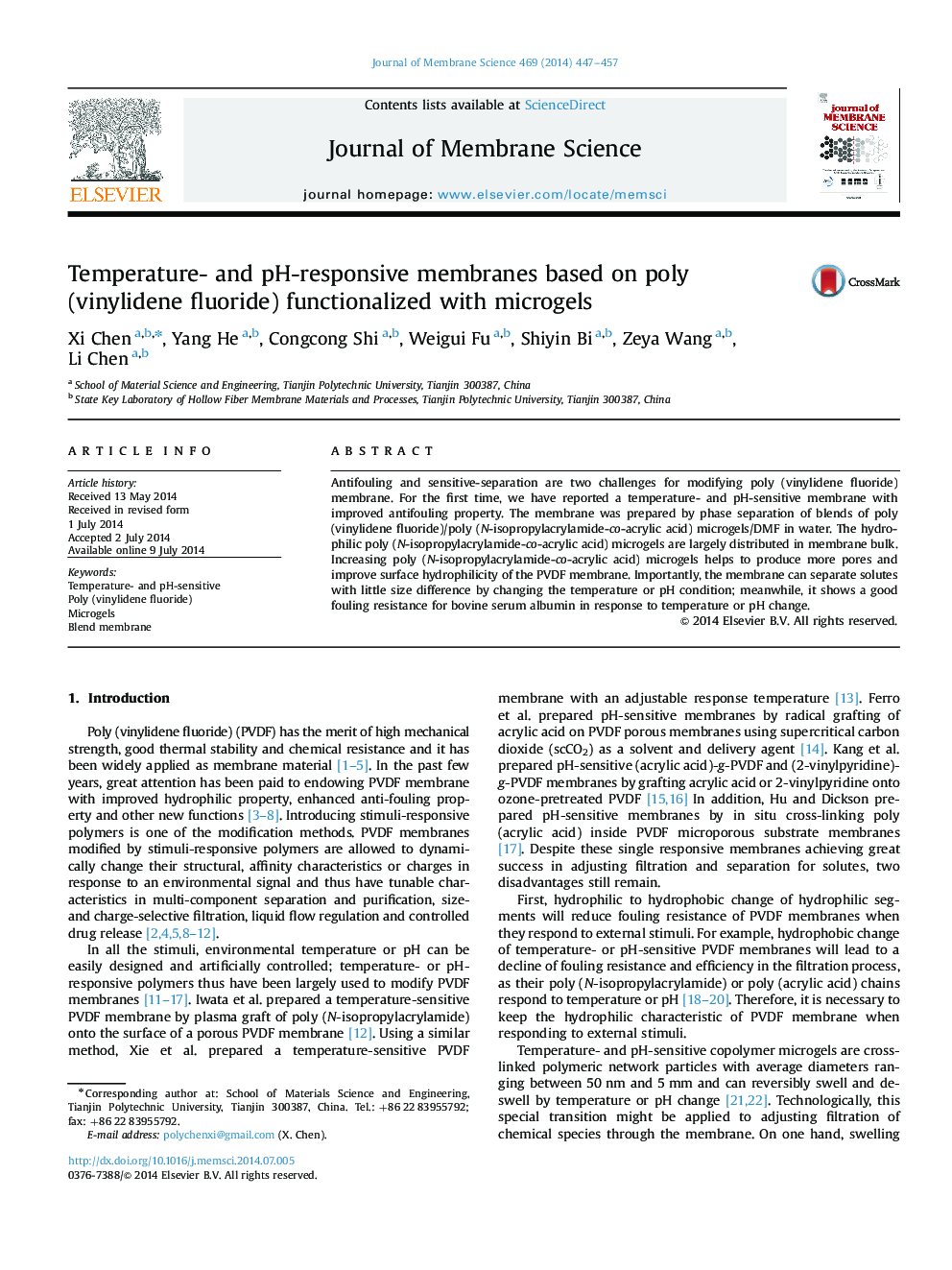 Temperature- and pH-responsive membranes based on poly (vinylidene fluoride) functionalized with microgels