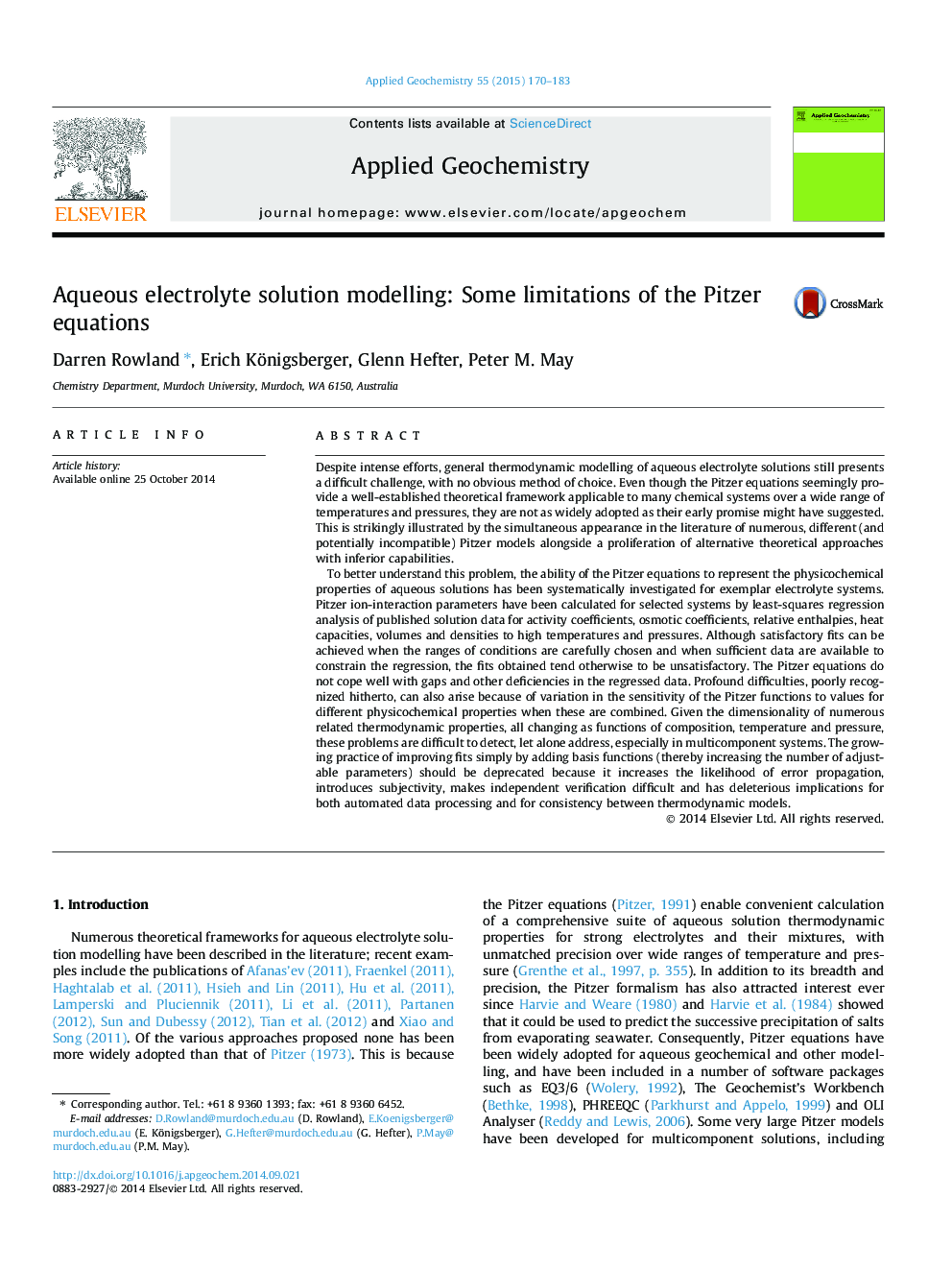 Aqueous electrolyte solution modelling: Some limitations of the Pitzer equations