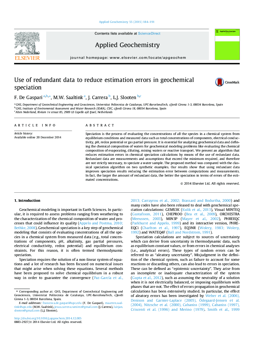 Use of redundant data to reduce estimation errors in geochemical speciation