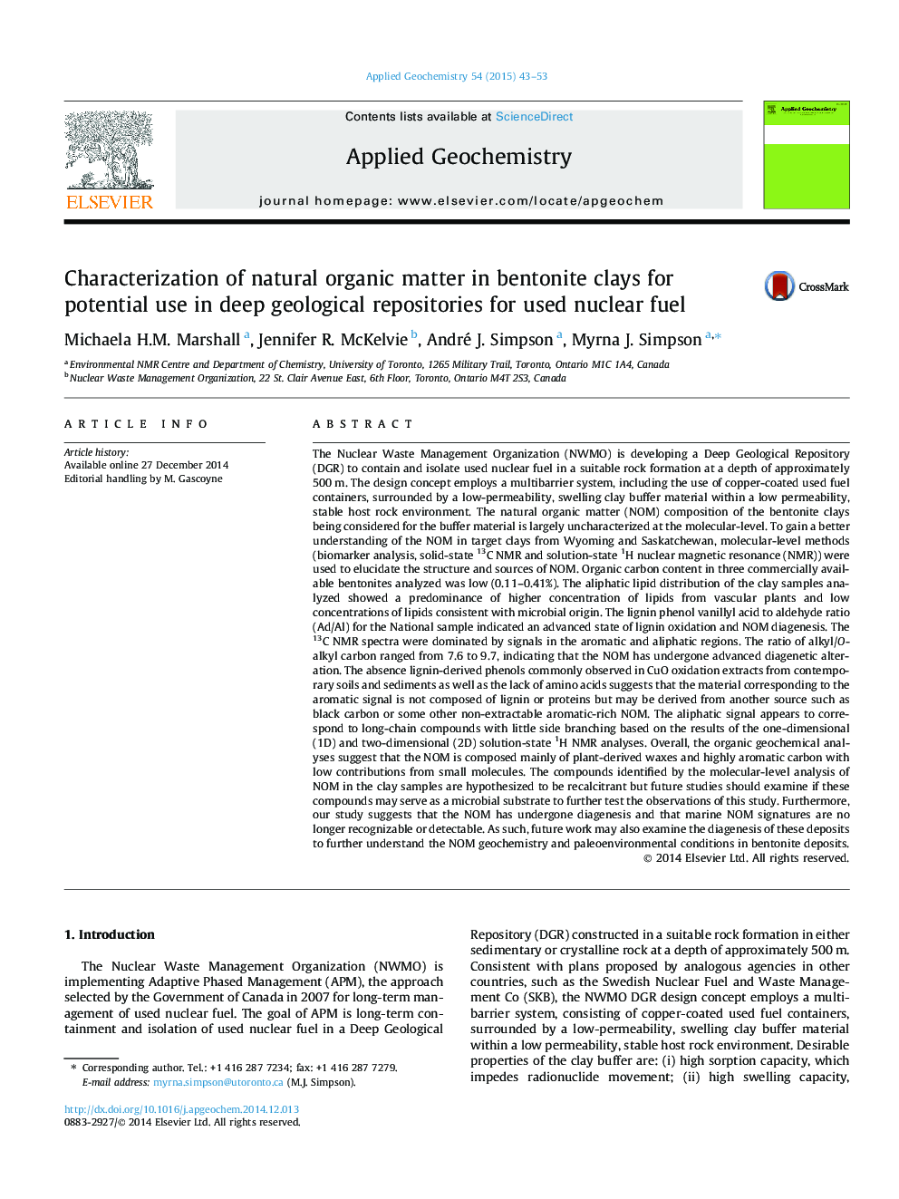 Characterization of natural organic matter in bentonite clays for potential use in deep geological repositories for used nuclear fuel