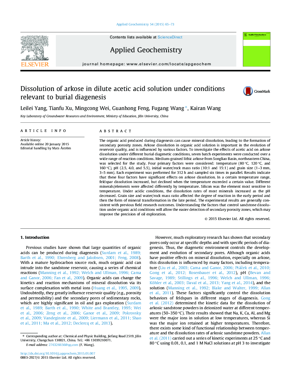 Dissolution of arkose in dilute acetic acid solution under conditions relevant to burial diagenesis