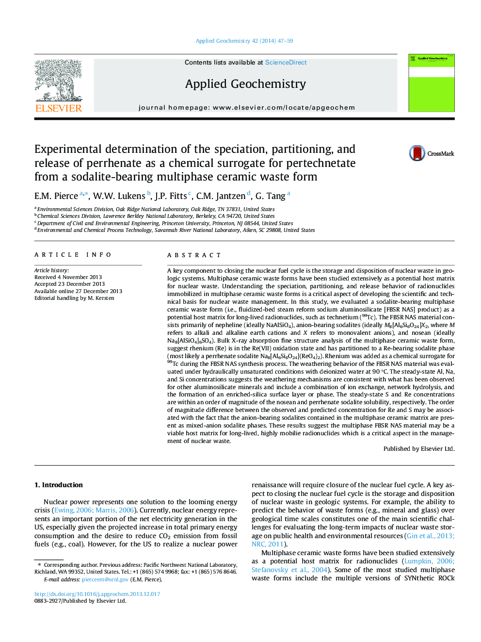 Experimental determination of the speciation, partitioning, and release of perrhenate as a chemical surrogate for pertechnetate from a sodalite-bearing multiphase ceramic waste form