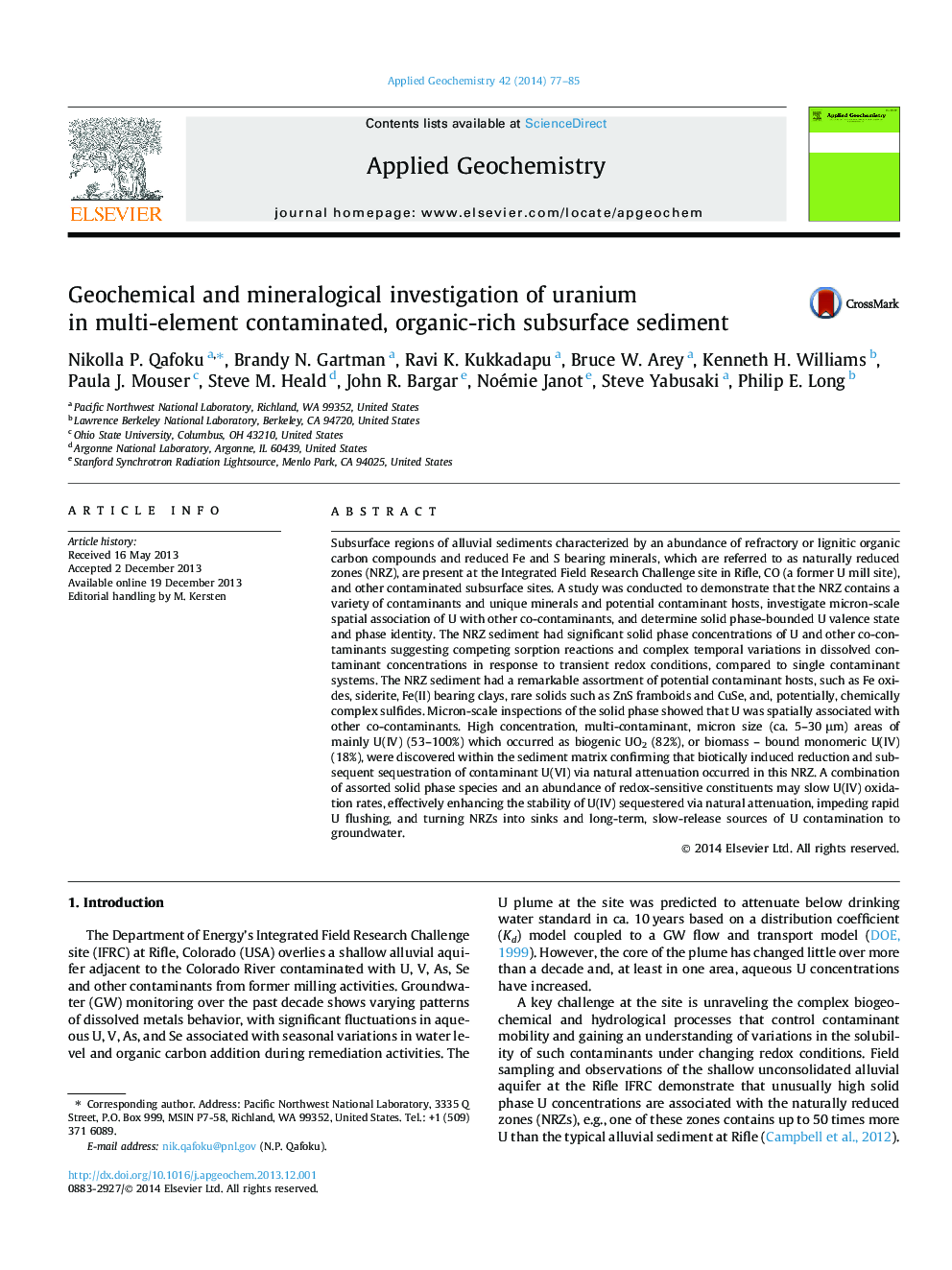 Geochemical and mineralogical investigation of uranium in multi-element contaminated, organic-rich subsurface sediment