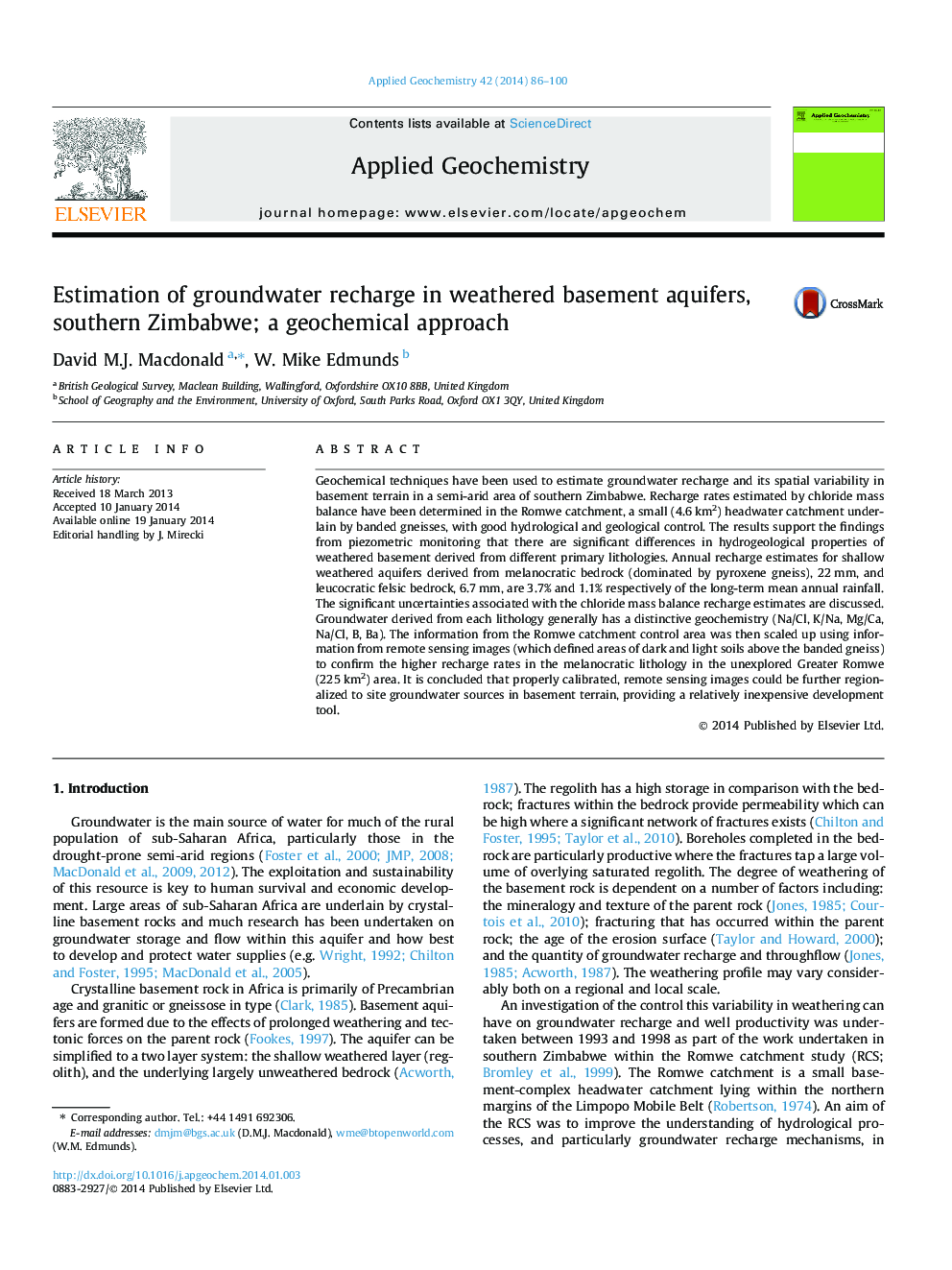 Estimation of groundwater recharge in weathered basement aquifers, southern Zimbabwe; a geochemical approach