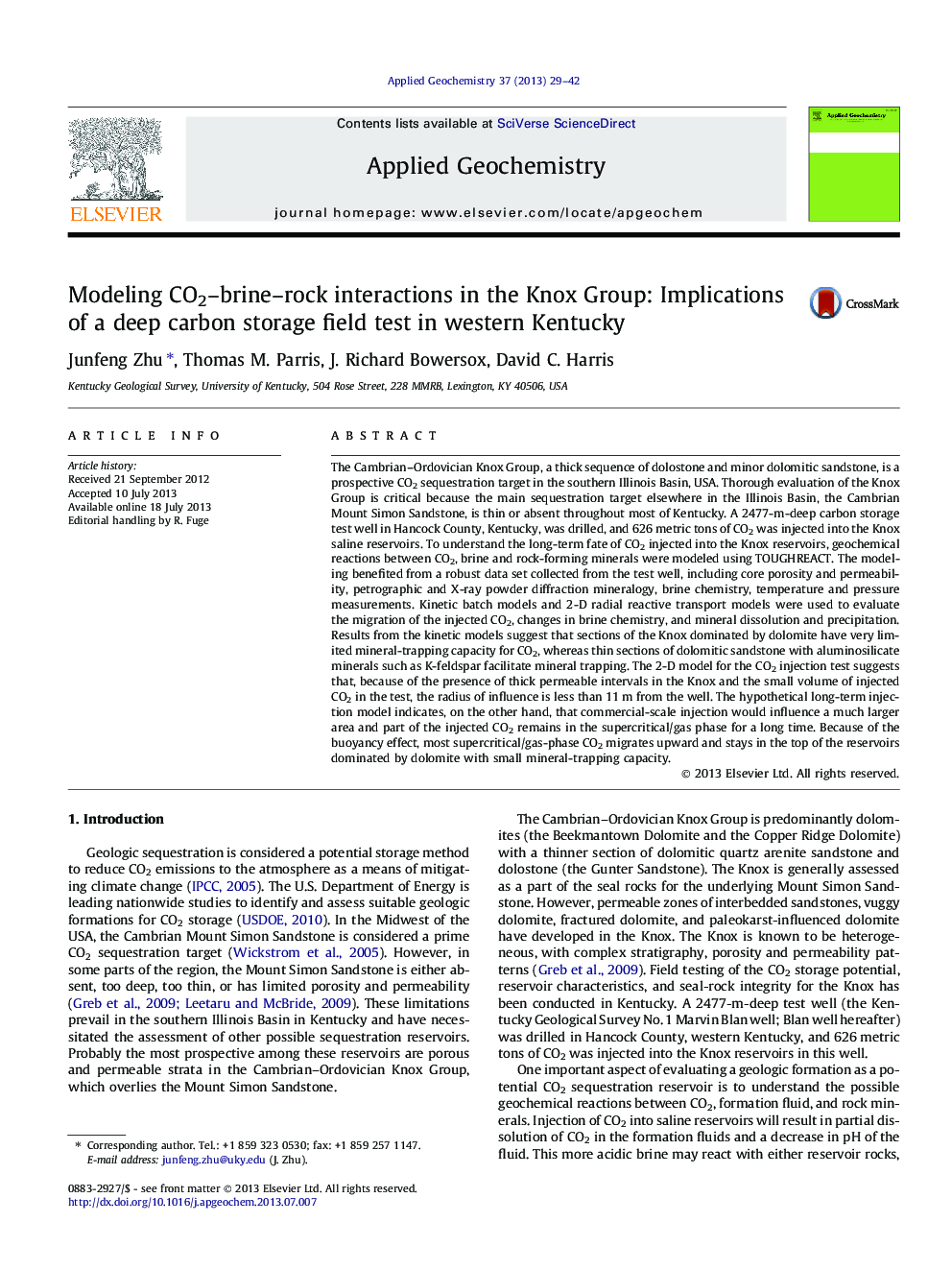 Modeling CO2-brine-rock interactions in the Knox Group: Implications of a deep carbon storage field test in western Kentucky