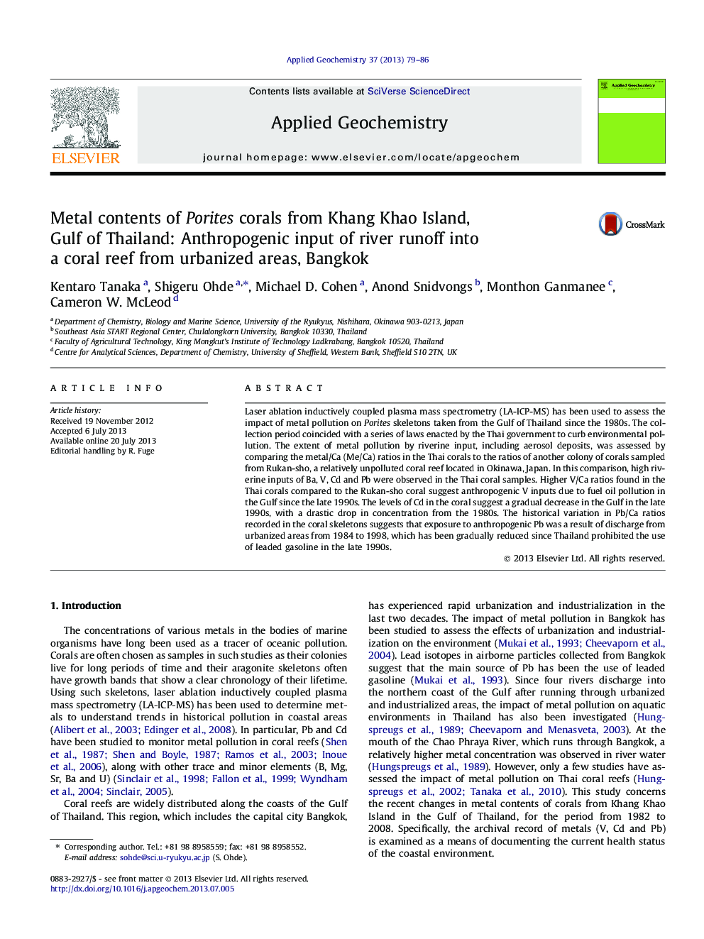 Metal contents of Porites corals from Khang Khao Island, Gulf of Thailand: Anthropogenic input of river runoff into a coral reef from urbanized areas, Bangkok