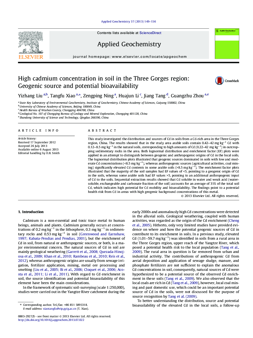 High cadmium concentration in soil in the Three Gorges region: Geogenic source and potential bioavailability