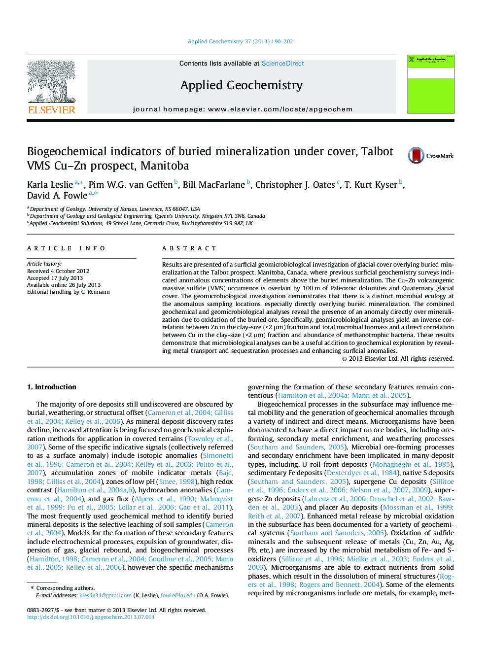 Biogeochemical indicators of buried mineralization under cover, Talbot VMS Cu-Zn prospect, Manitoba