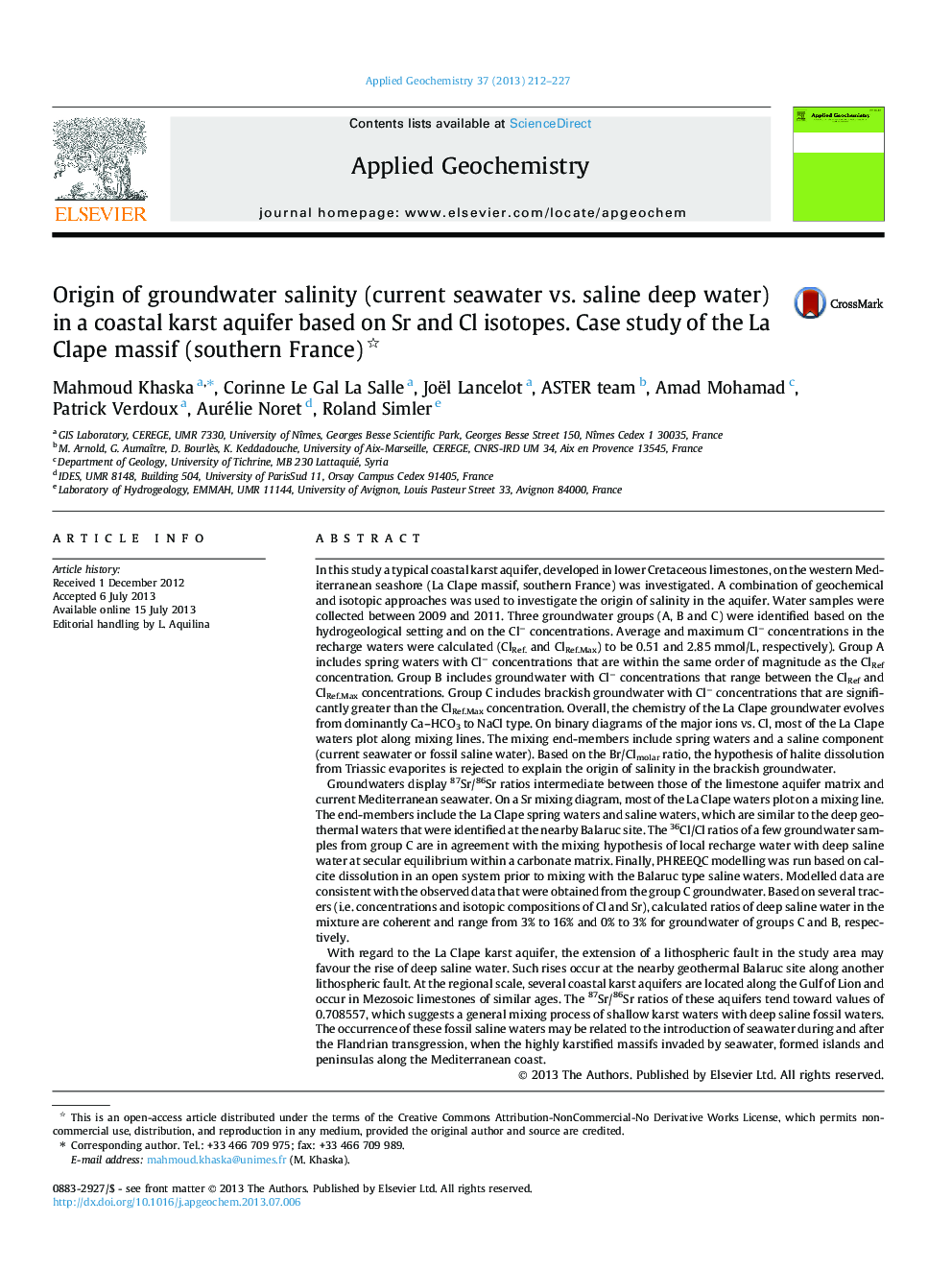 Origin of groundwater salinity (current seawater vs. saline deep water) in a coastal karst aquifer based on Sr and Cl isotopes. Case study of the La Clape massif (southern France)