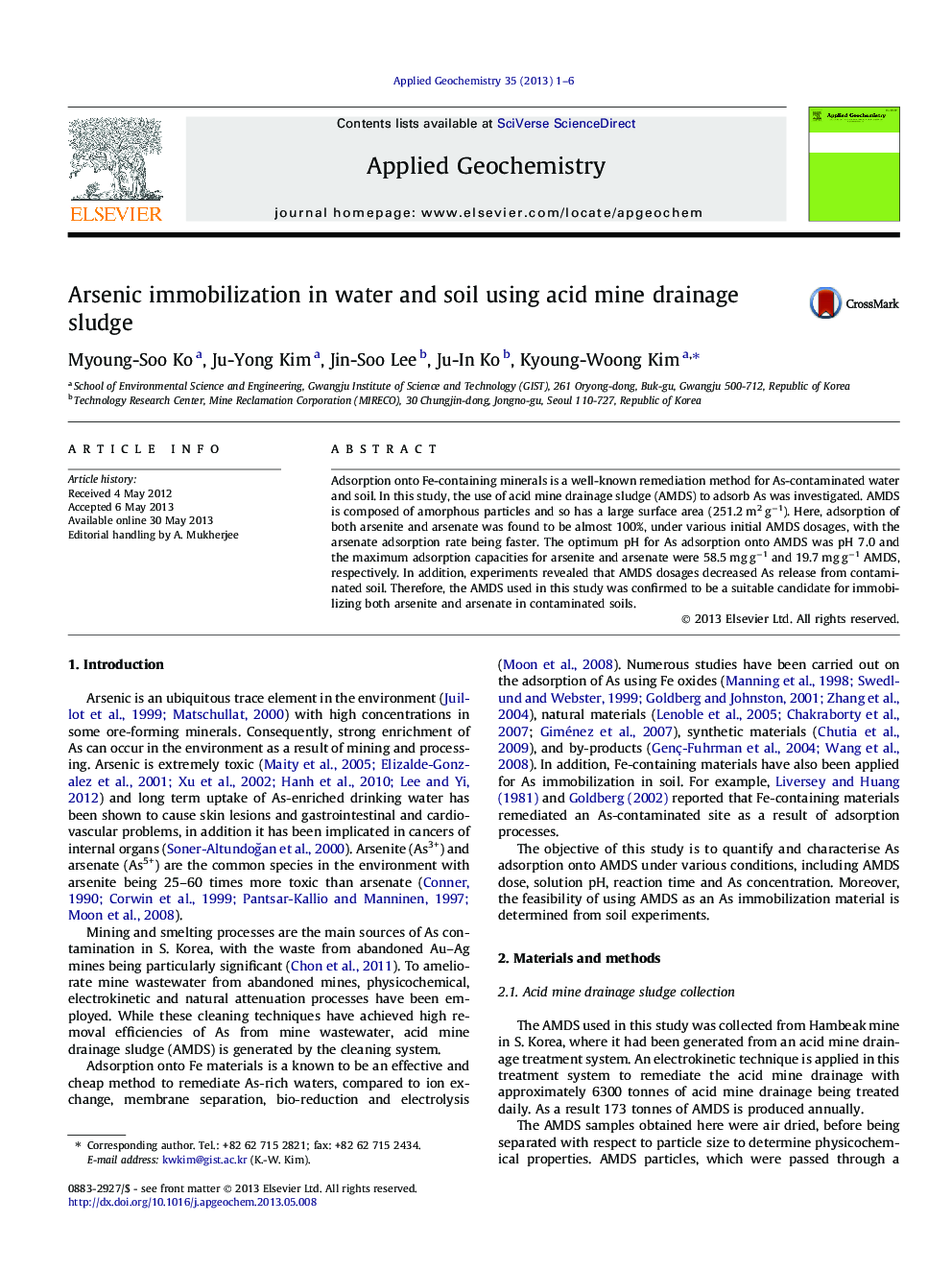 Arsenic immobilization in water and soil using acid mine drainage sludge