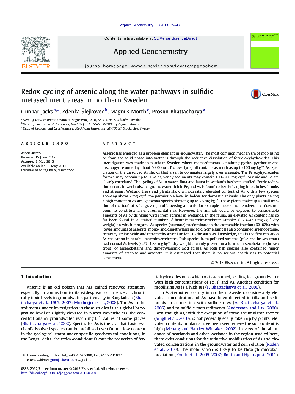 Redox-cycling of arsenic along the water pathways in sulfidic metasediment areas in northern Sweden