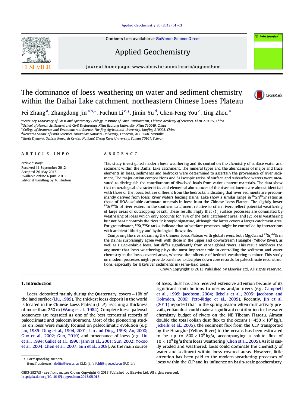 عکس صفحه اول مقاله: The dominance of loess weathering on water and sediment chemistry within the Daihai Lake catchment, northeastern Chinese Loess Plateau The dominance of loess weathering on water and sediment chemistry within the Daihai Lake catchment, northeastern Chinese Loess Plateau