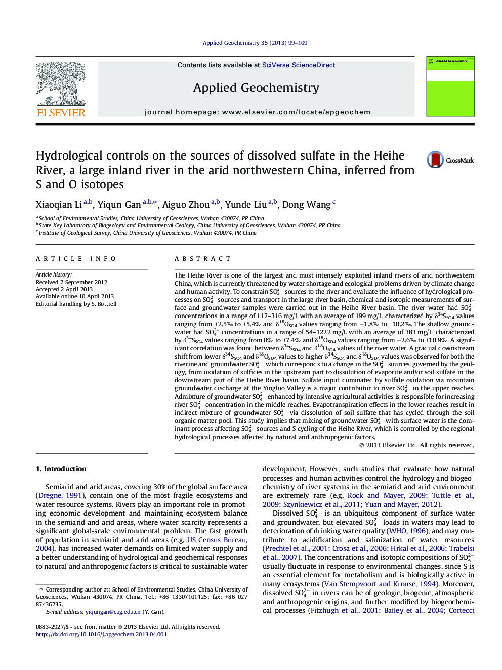 عکس صفحه اول مقاله: Hydrological controls on the sources of dissolved sulfate in the Heihe River, a large inland river in the arid northwestern China, inferred from S and O isotopes Hydrological controls on the sources of dissolved sulfate in the Heihe River, a large inland river in the arid northwestern China, inferred from S and O isotopes