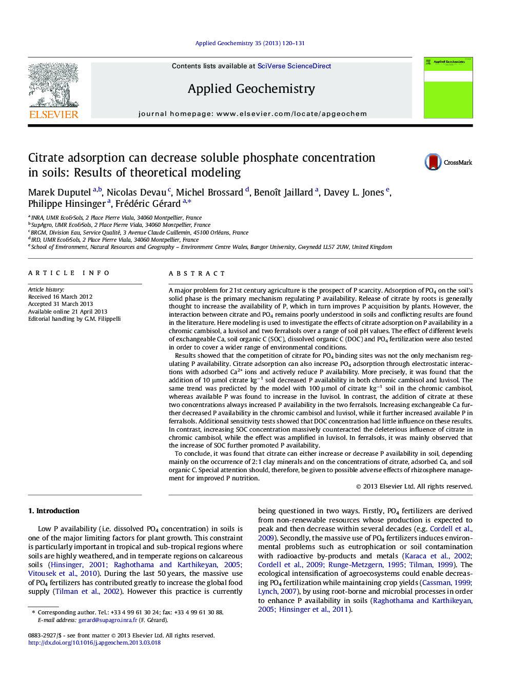 Citrate adsorption can decrease soluble phosphate concentration in soils: Results of theoretical modeling