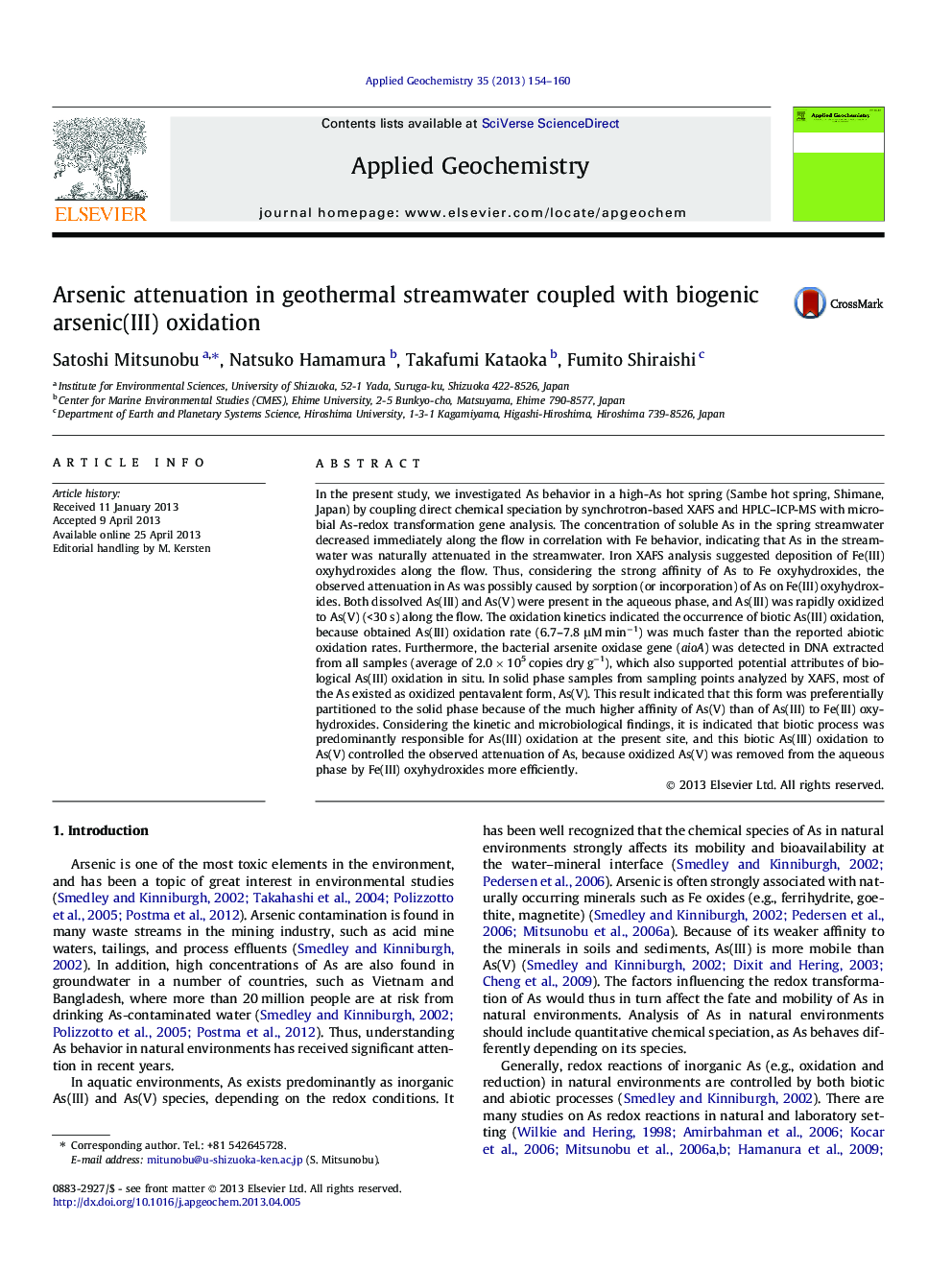 Arsenic attenuation in geothermal streamwater coupled with biogenic arsenic(III) oxidation