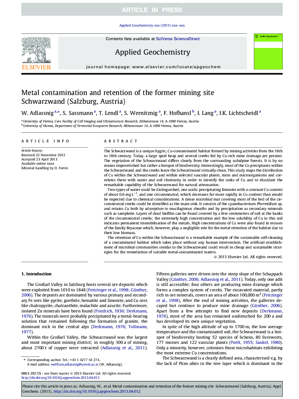 Metal contamination and retention of the former mining site Schwarzwand (Salzburg, Austria)