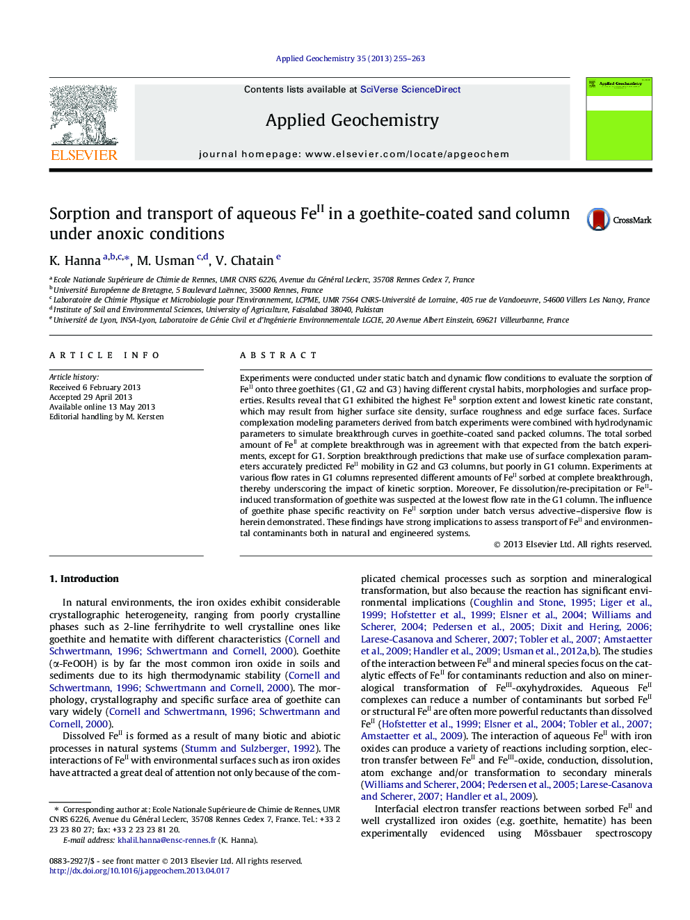Sorption and transport of aqueous FeII in a goethite-coated sand column under anoxic conditions