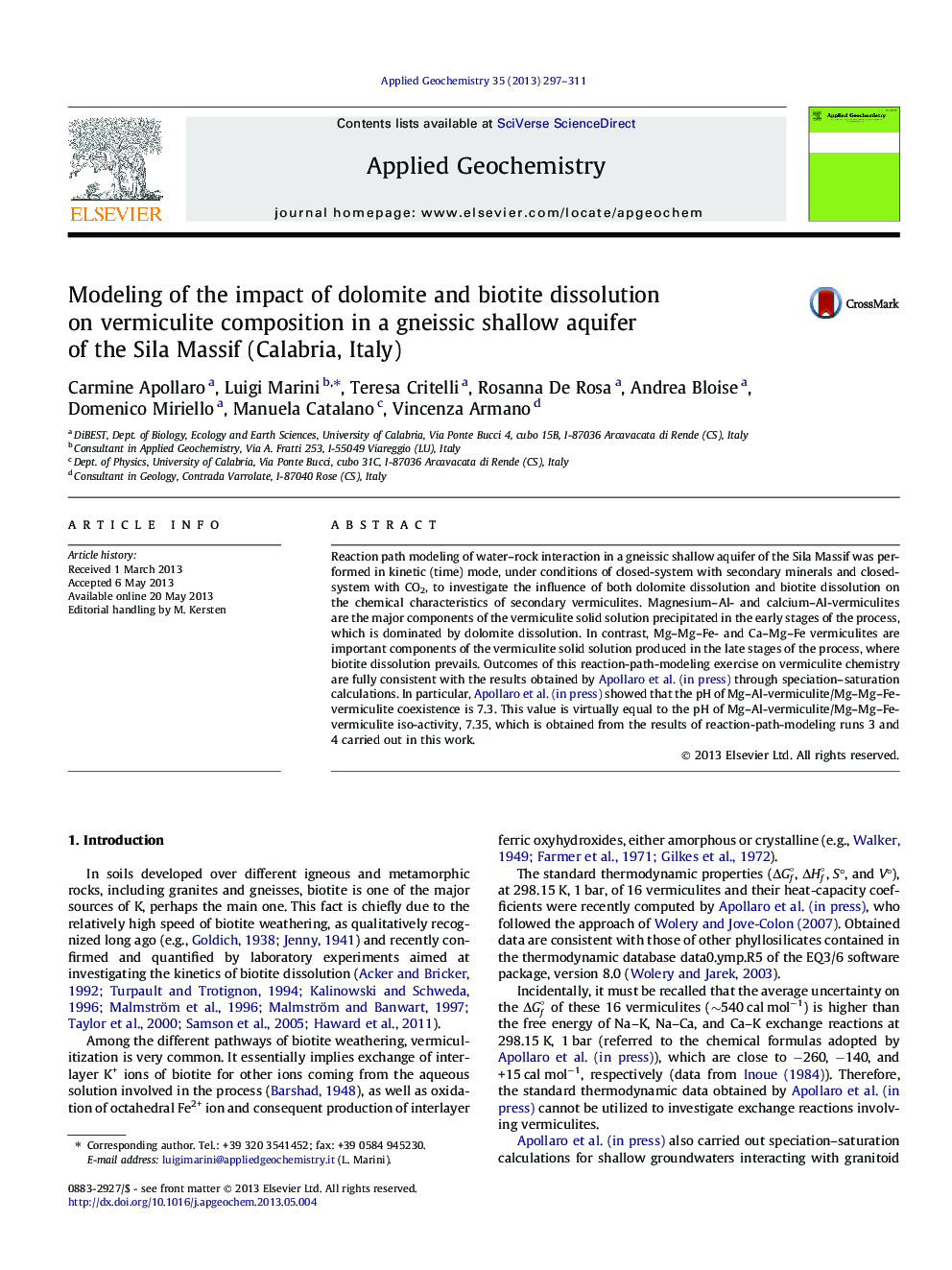 Modeling of the impact of dolomite and biotite dissolution on vermiculite composition in a gneissic shallow aquifer of the Sila Massif (Calabria, Italy)