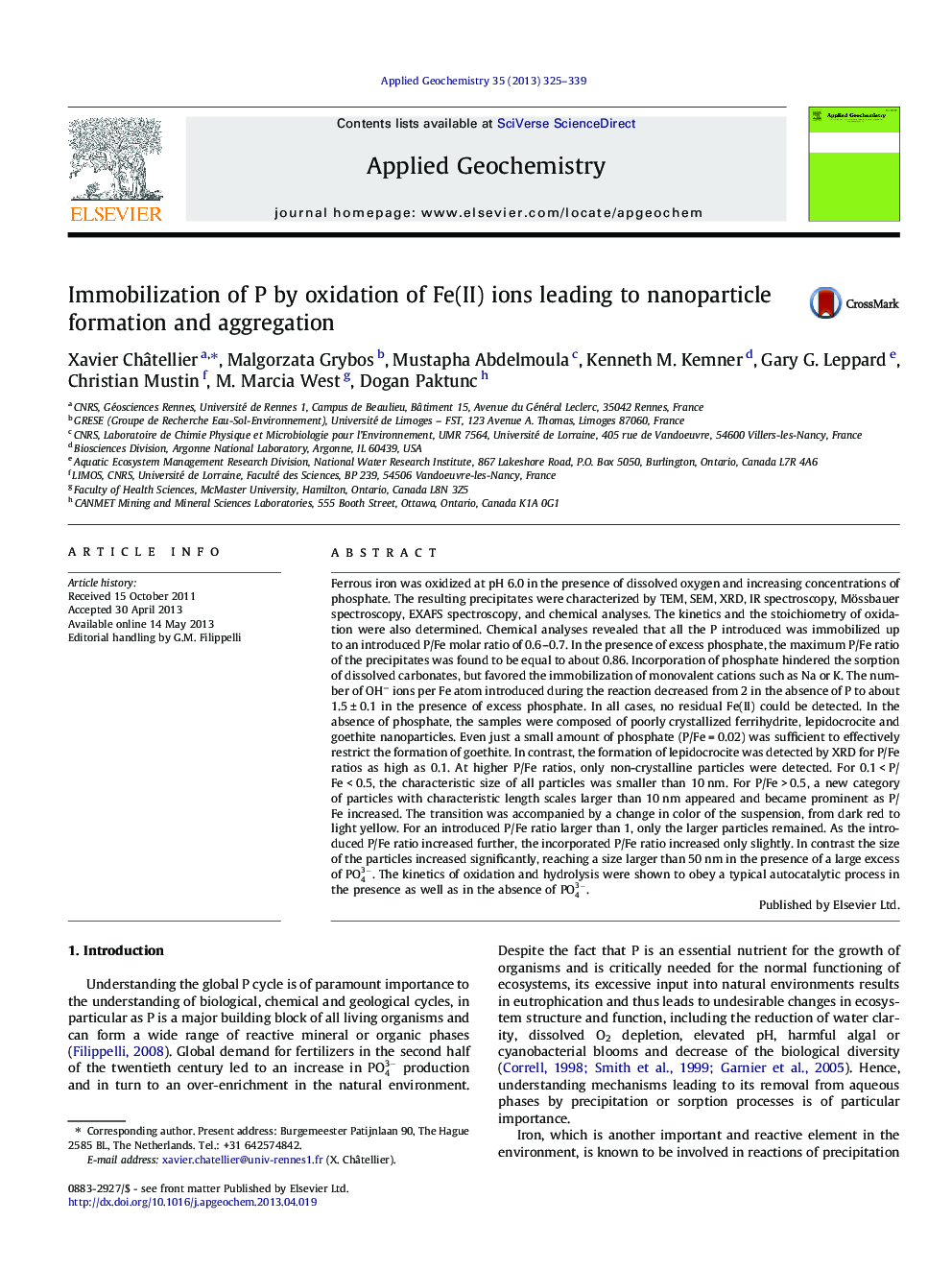 Immobilization of P by oxidation of Fe(II) ions leading to nanoparticle formation and aggregation