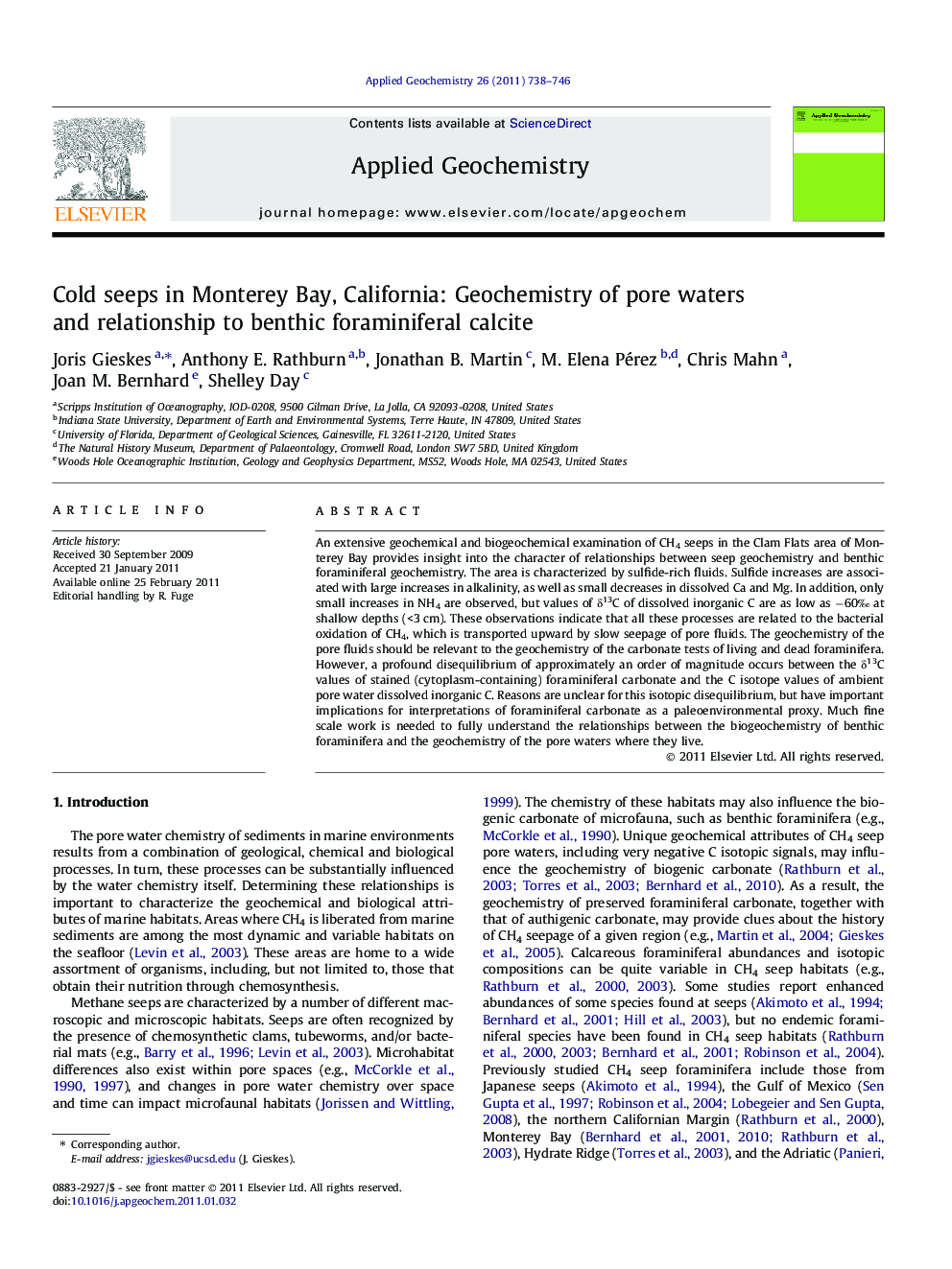 Cold seeps in Monterey Bay, California: Geochemistry of pore waters and relationship to benthic foraminiferal calcite