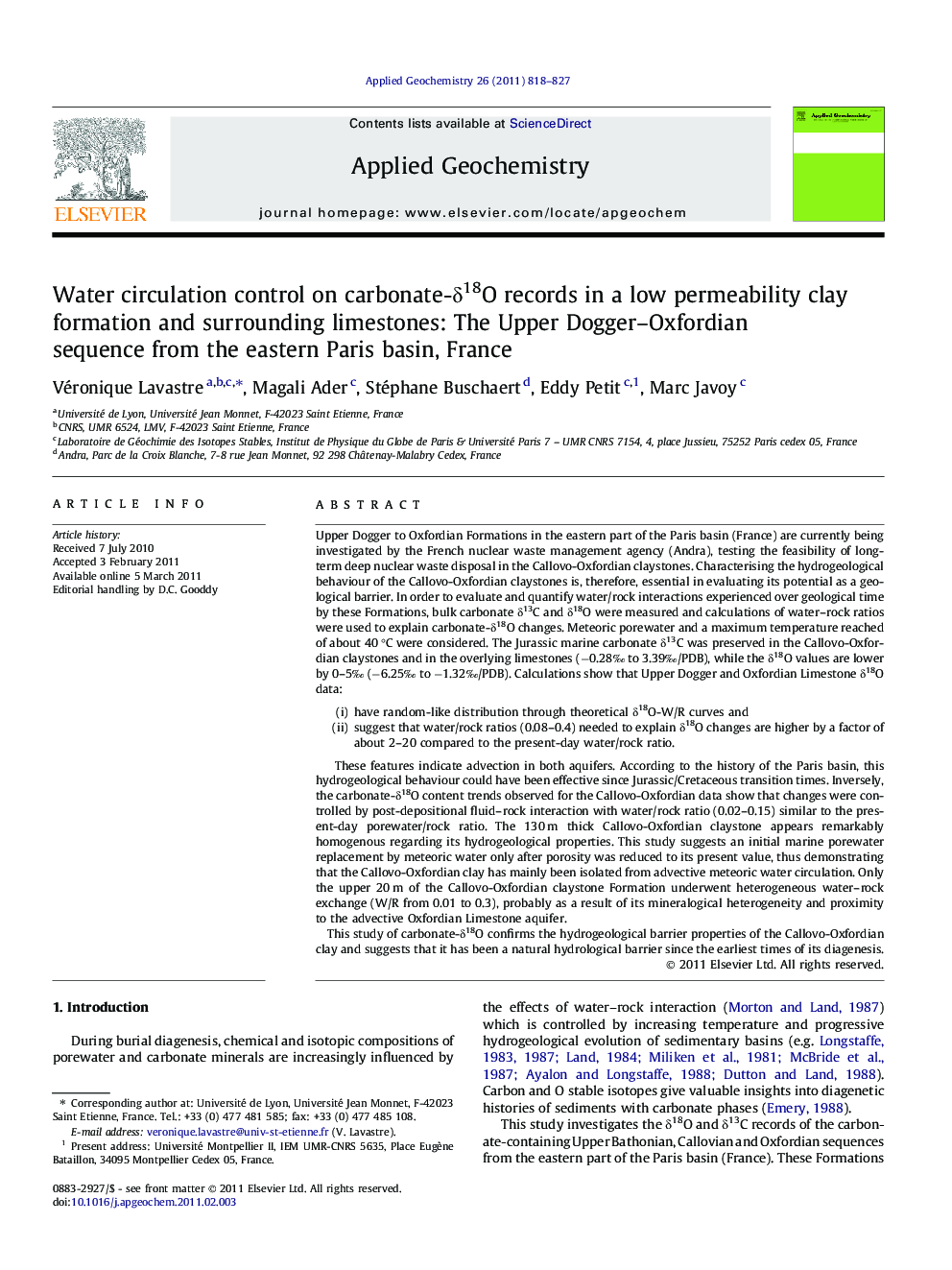 Water circulation control on carbonate-Î´18O records in a low permeability clay formation and surrounding limestones: The Upper Dogger-Oxfordian sequence from the eastern Paris basin, France