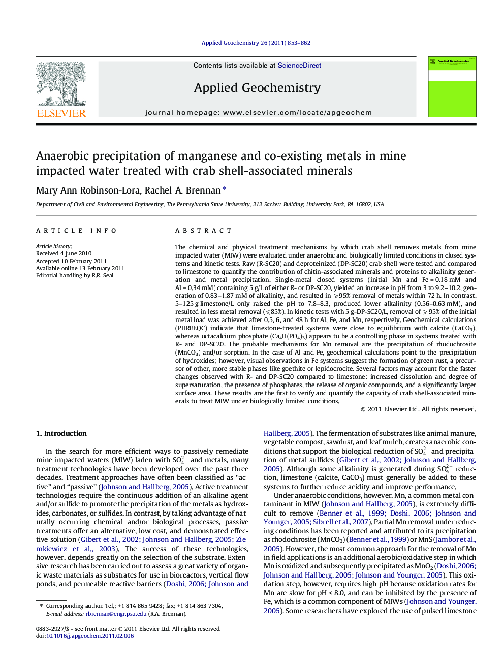 عکس صفحه اول مقاله: Anaerobic precipitation of manganese and co-existing metals in mine impacted water treated with crab shell-associated minerals Anaerobic precipitation of manganese and co-existing metals in mine impacted water treated with crab shell-associated minerals