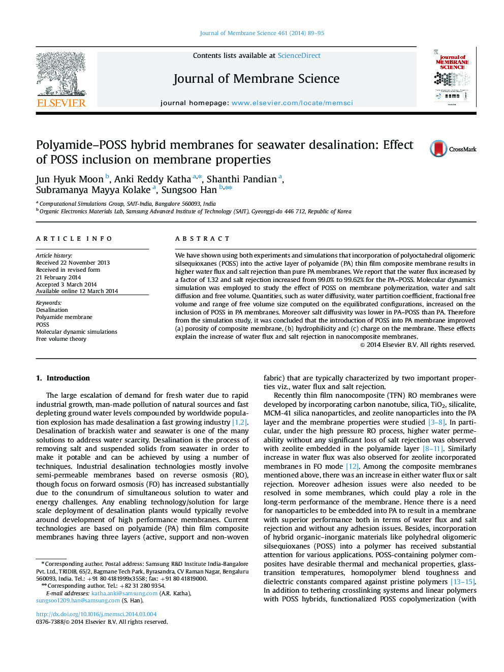 Polyamide-POSS hybrid membranes for seawater desalination: Effect of POSS inclusion on membrane properties