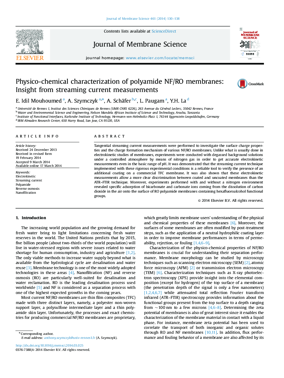 Physico-chemical characterization of polyamide NF/RO membranes: Insight from streaming current measurements